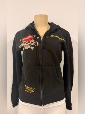 Y2K Ed Hardy Black Hoodie with Rhinestone Pirate Skull and Yellow Script